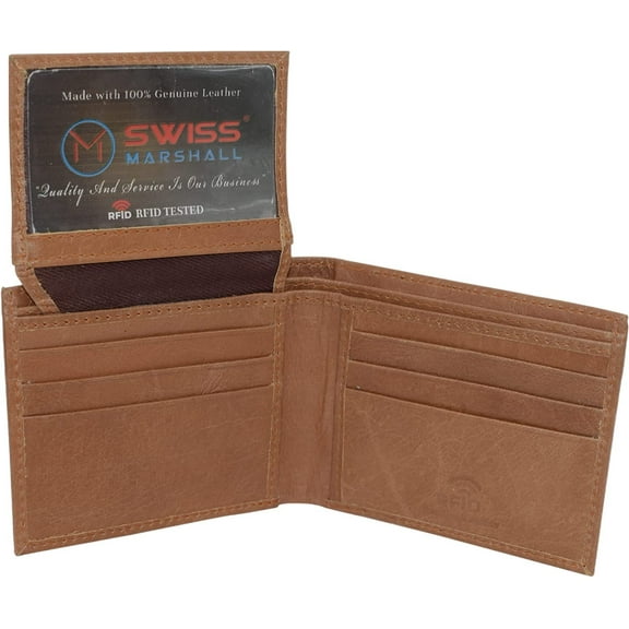 Swiss Marshall Men's RFID Blocking Genuine Leather Classic Bifold Wallet with Gift Box Tan