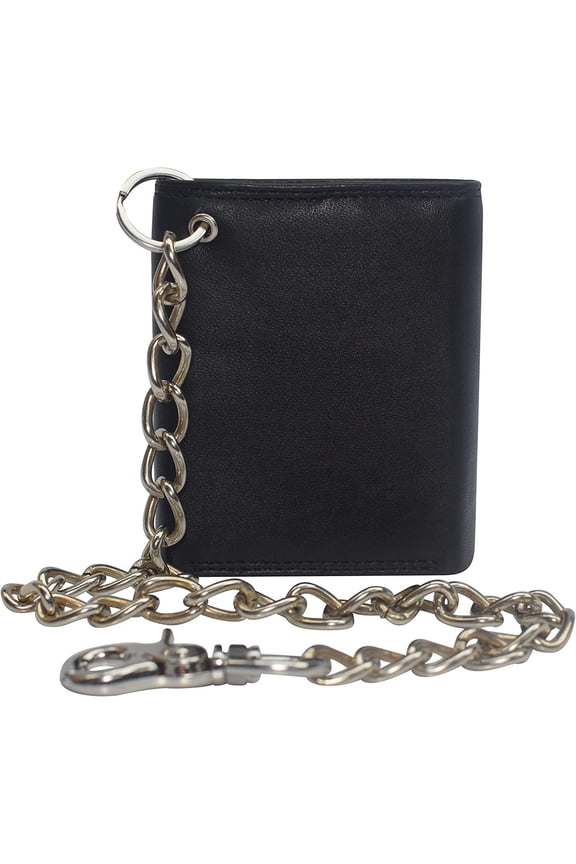 Swiss Marshall Men's RFID Blocking Premium Leather Chain Trifold Wallet Black with 15 inch Nickle Chain