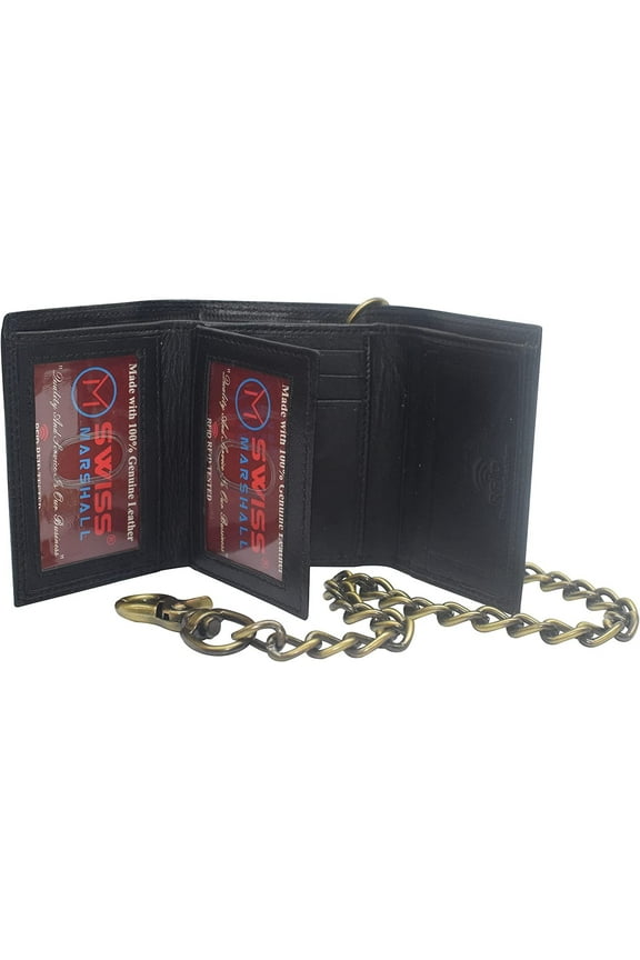 Swiss Marshall Men's RFID Blocking Premium Leather Chain Trifold Wallet Black with 18 inch Brass Chain