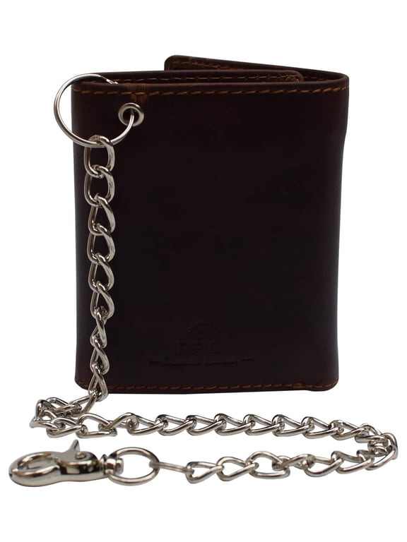 Swiss Marshall Men's RFID Blocking Premium Leather Chain Trifold Wallet Vintage Brown With Chain