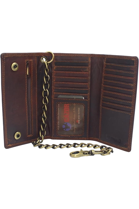 Men's RFID Signal Blocking Biker's Vintage Brown Leather Long Tri-fold Chain Checkbook Card ID Wallet Crazy Horse Brown