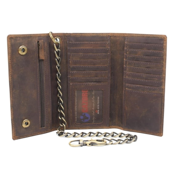 Swiss Marshall Men's RFID Signal Blocking Biker's Vintage Brown Leather Long Tri-fold Chain Checkbook Card ID Wallet Skull Brown