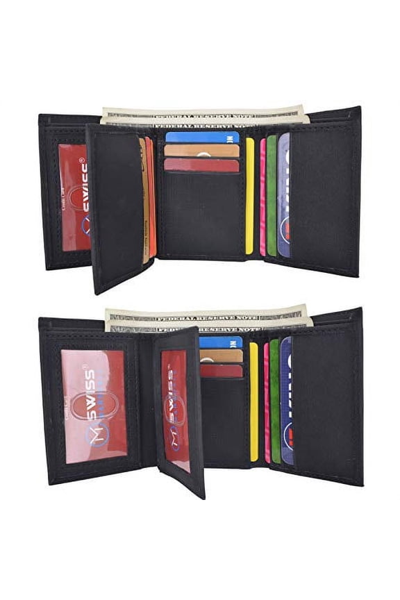 Swiss Marshall Men's Vegan Leather RFID Trifold Wallet with 2 ID Windows Extra Capacity