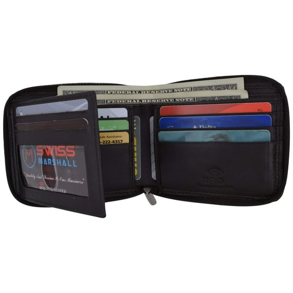 Swiss Marshall Men's Zipper RFID Blocking Premium Leather Zip-Around ID Bifold Wallet