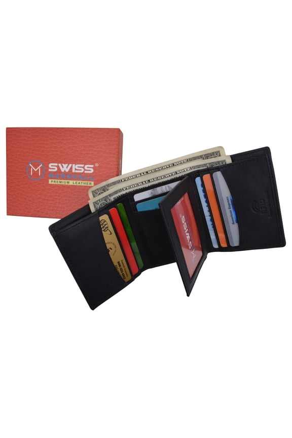 Swiss Marshall Mens RFID Blocking Premium Leather Classic Trifold Wallet Gift Box