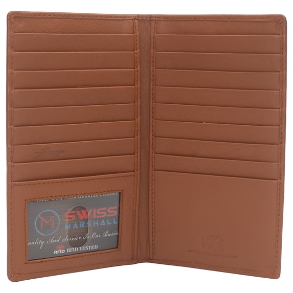 Swiss Marshall RFID Blocking Bifold Genuine Leather Credit Card ID Holder Long Wallet CN Tan
