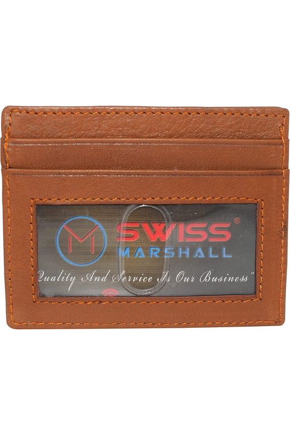 Swiss Marshall RFID Blocking Front Pocket Slim Leather Bifold Wallet Credit Card Case Holder ID Window Tan