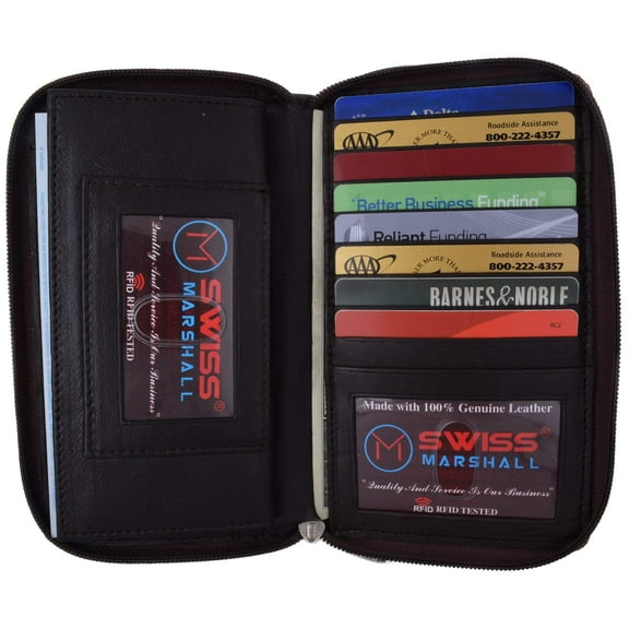 Swiss Marshall RFID Women's Deluxe Double Zipper Credit Card ID Checkbook Holder Premium Leather Wallet