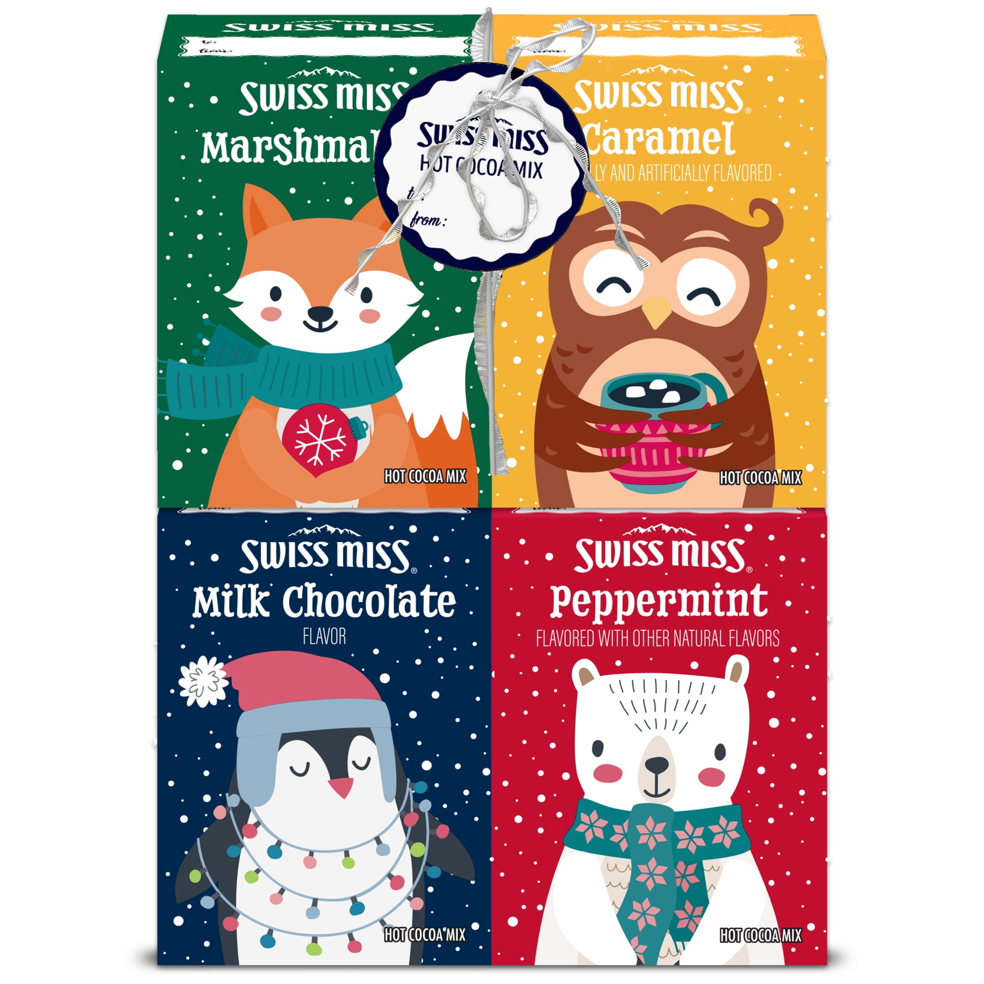 Four colored cartons of hot cocoa with animals on them