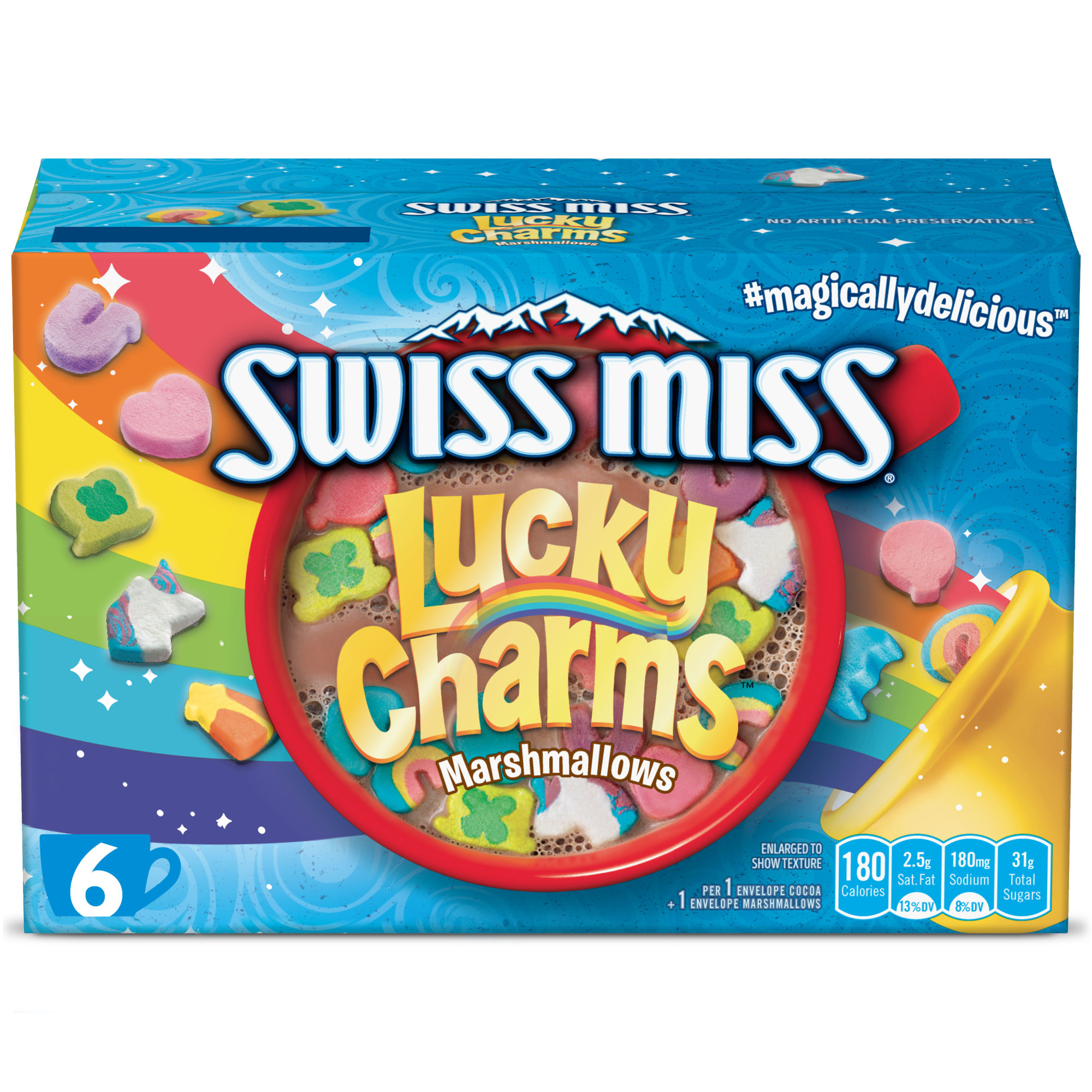 Swiss Miss Chocolate Flavored Hot Cocoa Mix with Lucky Charms Marshmallows, 6 Count Hot Cocoa Mix Packets - image 1 of 9