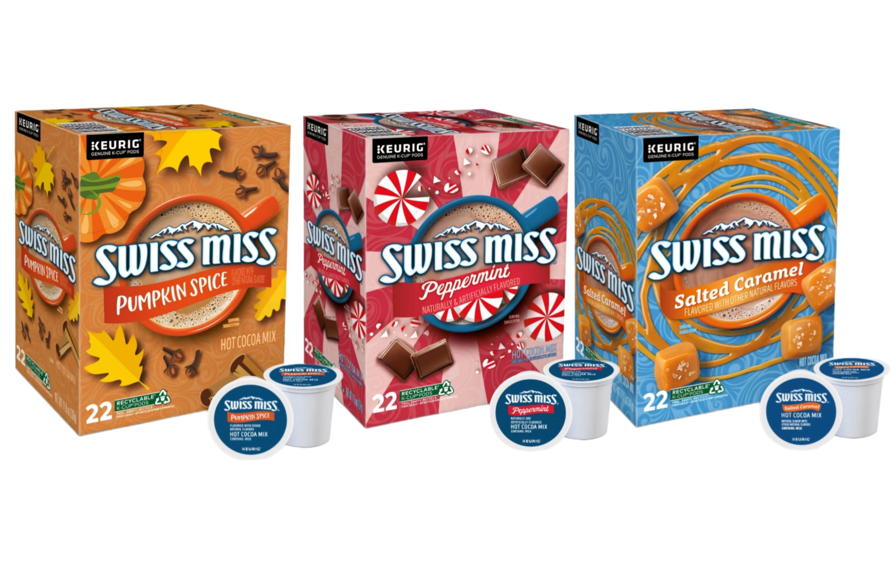 Swiss Miss Hot Cocoa K Cup Pods Variety Pack Includes Peppermint Pumpkin Spice and Salted Caramel 22 K Cups Per Flavor Walmart