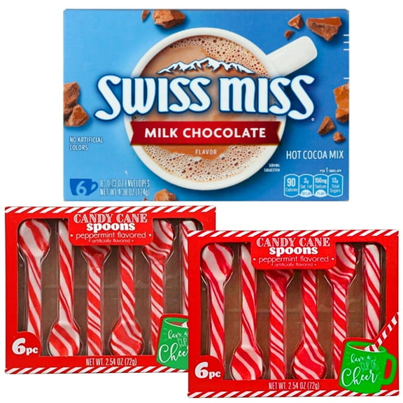 Swiss Miss Milk Chocolate Hot Cocoa Mix 6Cts Edible Candy Cane Peppermint Flavored Spoon 12Cts Party Favor Snacks Bulk Christmas Flavors Goody Filler Stocking Stuffers Box of 3
