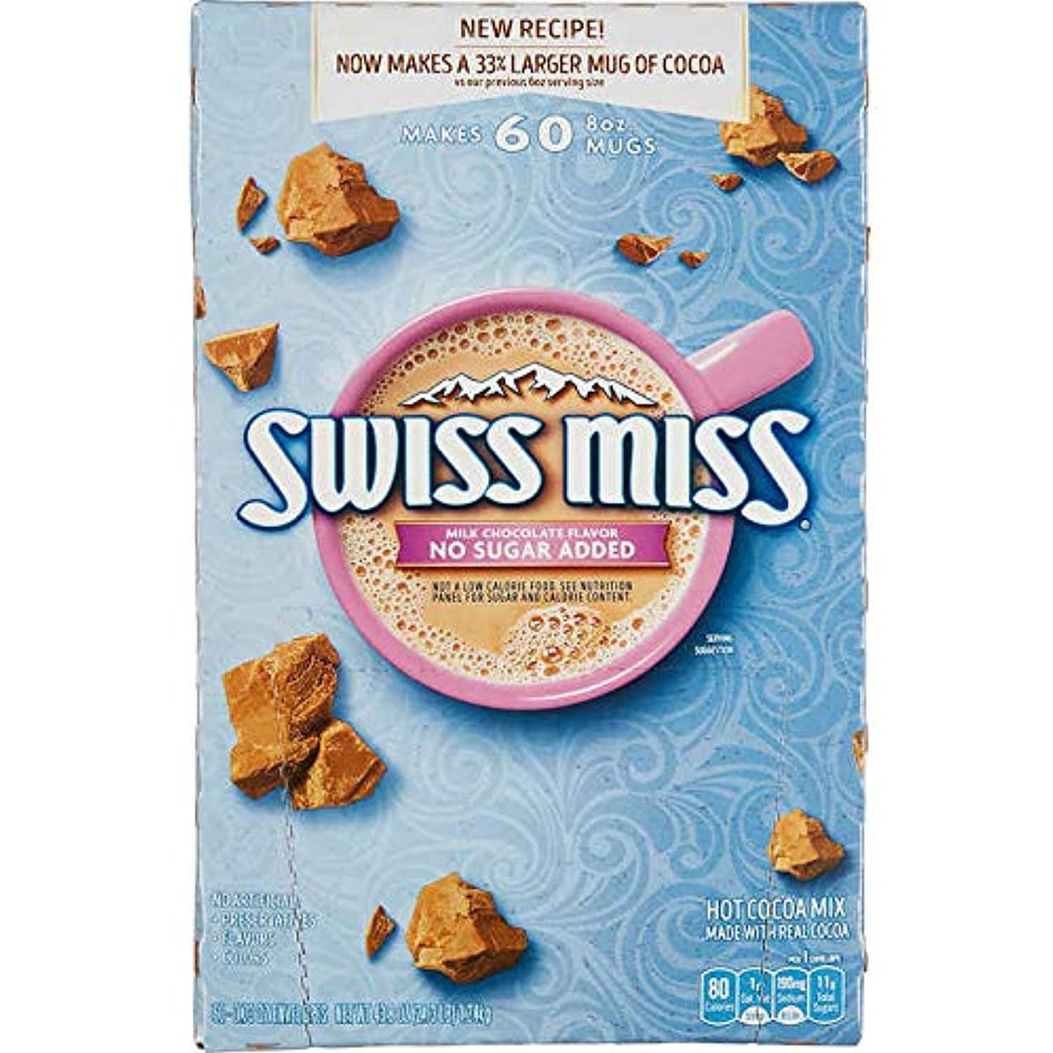 Swiss Miss No Sugar Added Hot Cocoa Mix, Milk Chocolate, 60 Count Envelopes, 0.73 Oz Each Packets, New Recipe Makes A Larger 8Oz Mug Of Cocoa