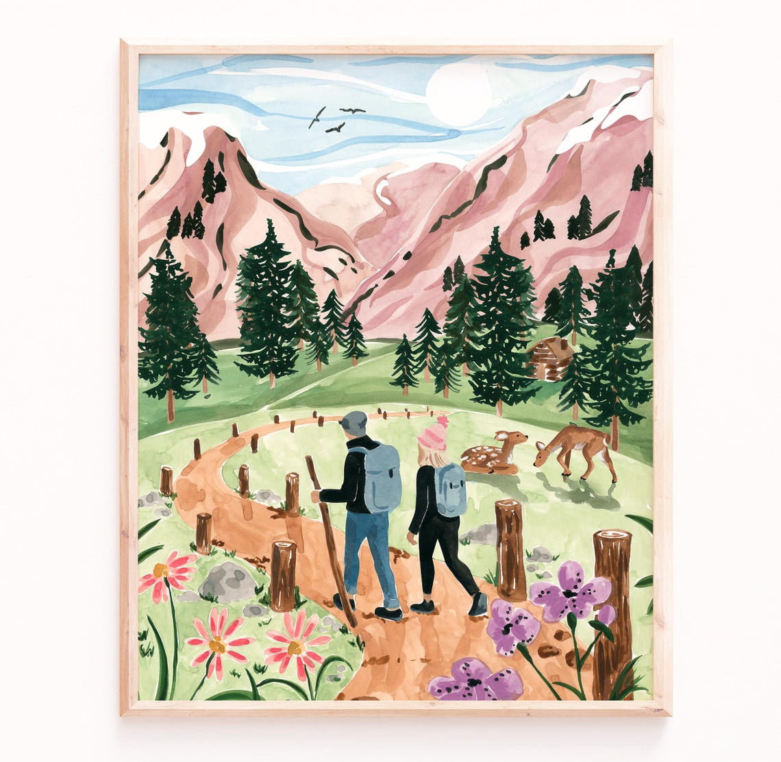 Swiss Mountain Hiking Print - Forest Scene with Deer Poster Art Print ...
