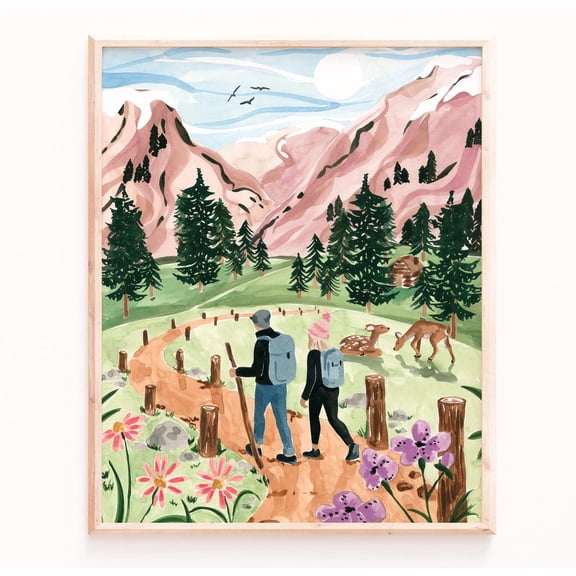 Swiss Mountain Hiking Print - Forest Scene with Deer Poster Art Print Home Decor, Unframed Poster Size 16x24 F03.1.20l693