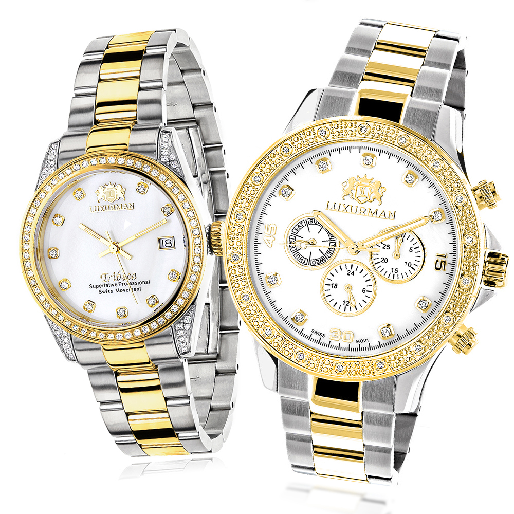 Swiss Quartz Matching Watches for Couples Two-Tone Yellow Gold Plated Diamond Watch Set - image 1 of 4