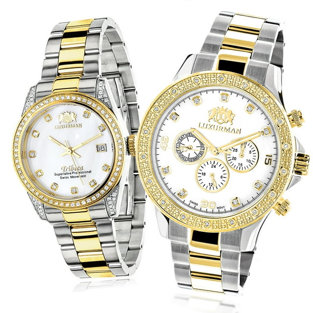 Swiss Quartz Matching Watches for Couples Two-Tone Yellow Gold Plated Diamond Watch Set
