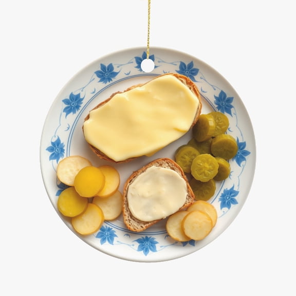 Swiss Raclette with Cheese Bread Potatoes & Pickles Switzerland Cuisine Food Lovers Foodie Novelty Holiday Christmas Ornament Xmas Tree Gift (Flat Design Printed on Ceramic, Not 3D)