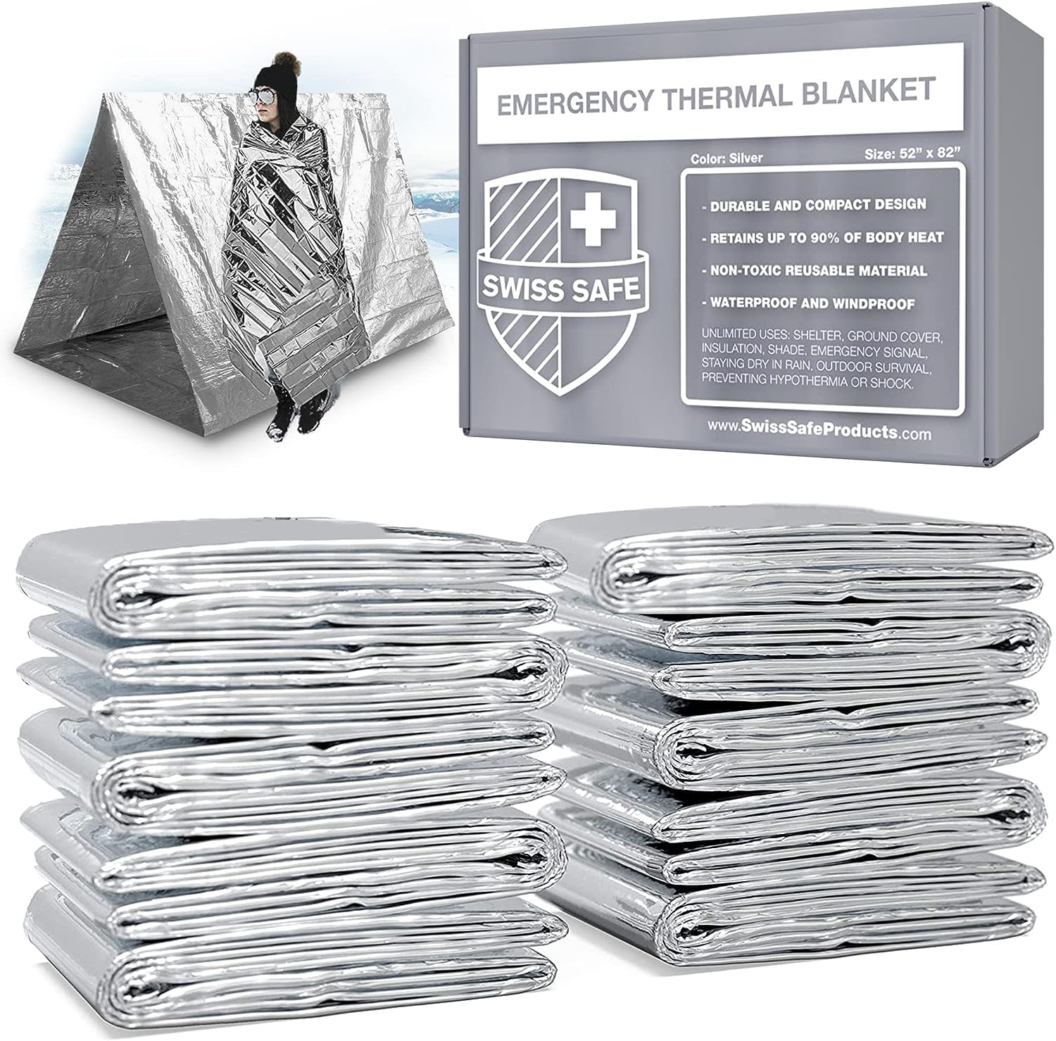 Swiss Safe Silver Mylar Emergency Thermal Blanket 52" x 82" 10-Pack