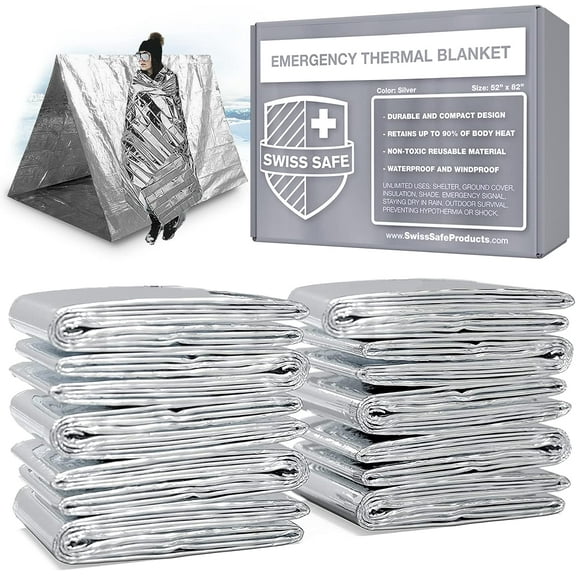 Swiss Safe Emergency Mylar Thermal Blankets Premium 12-Micron 52" X 82" Silver 25-Pack