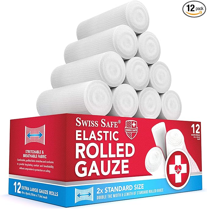 Swiss Safe Long Elastic Stretch Gauze Rolls, 4 Inch x 8 Yards, (12 Pack