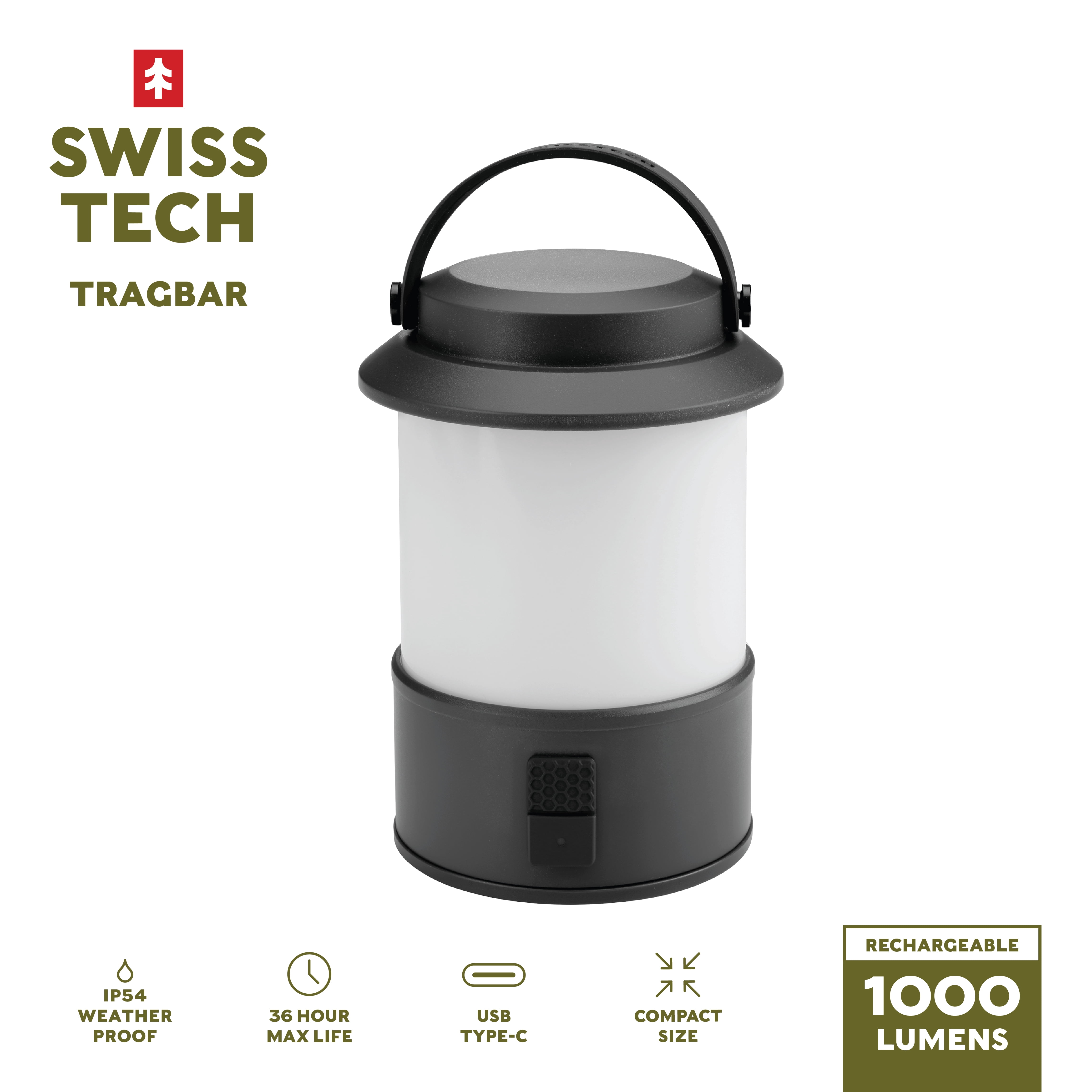Swiss Tech Tragbar Compact Rechargeable Lantern, 1000 Lumens, 36 Hour Battery Life, IP54 Weatherproof, 6 Modes