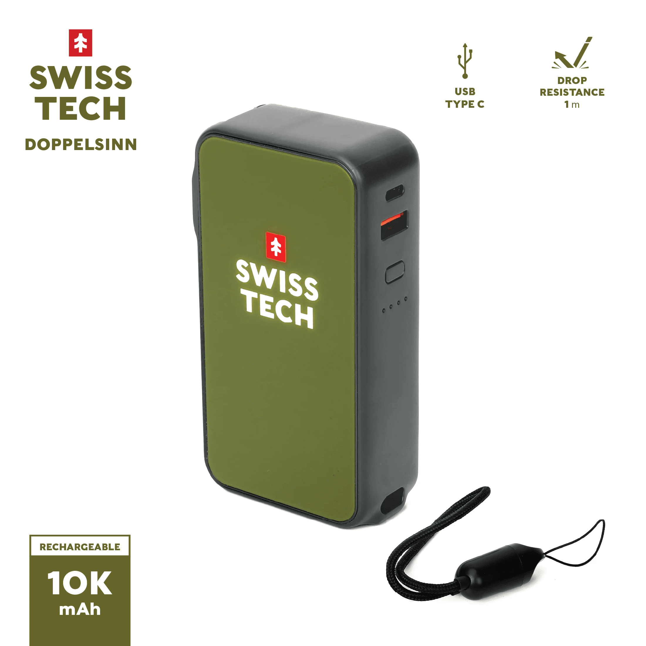 Swiss Tech 10000 mAh Portable Power Bank with 20W Fast Charge and Built-in Lanyard Charging Cord