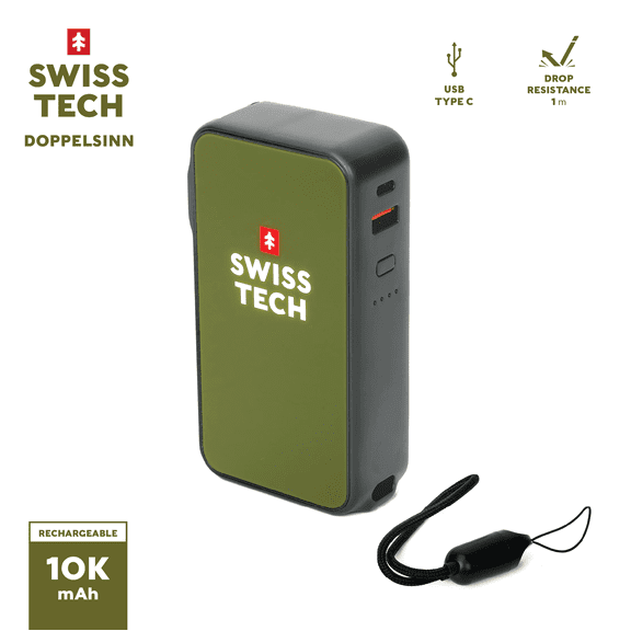 Swiss Tech 10000 mAh Portable Power Bank, 20W Fast Charge, Built-in Lanyard Charging Cord