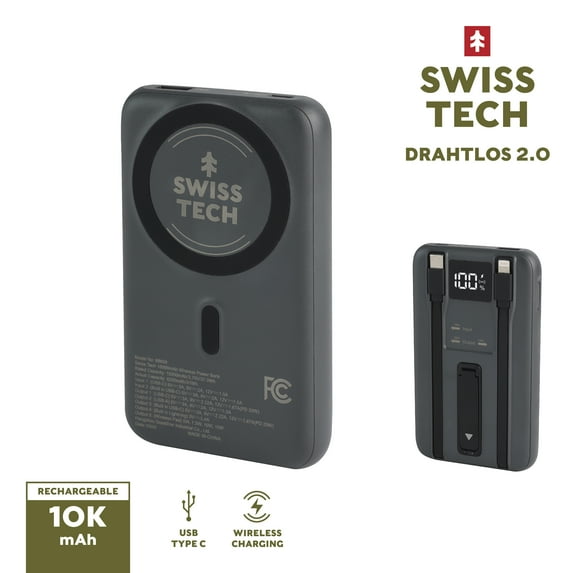 Swiss Tech 10000mAh wireless magnetic power bank, fast charging portable charger for iPhone 12+