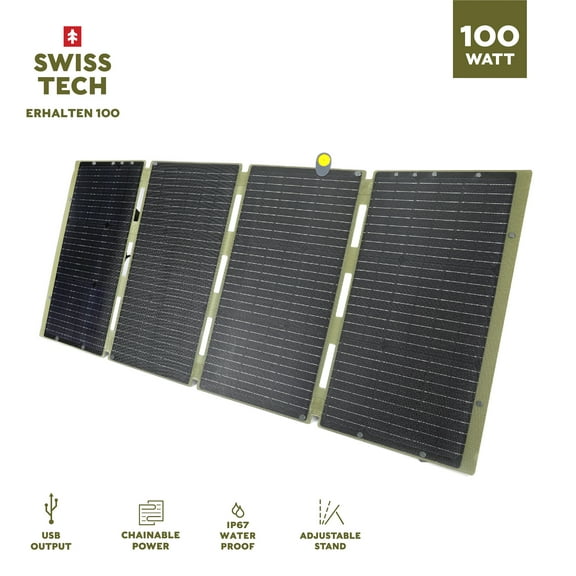 Swiss Tech 100W Foldable Solar Panel, USB-A & USB-C Portable Charger, Waterproof