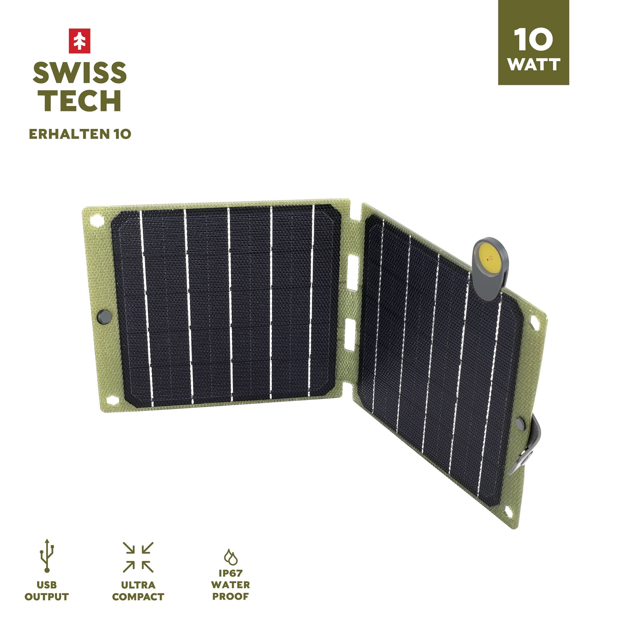 Swiss Tech 10W foldable solar panel, USB-A & USB-C output, waterproof for emergency use