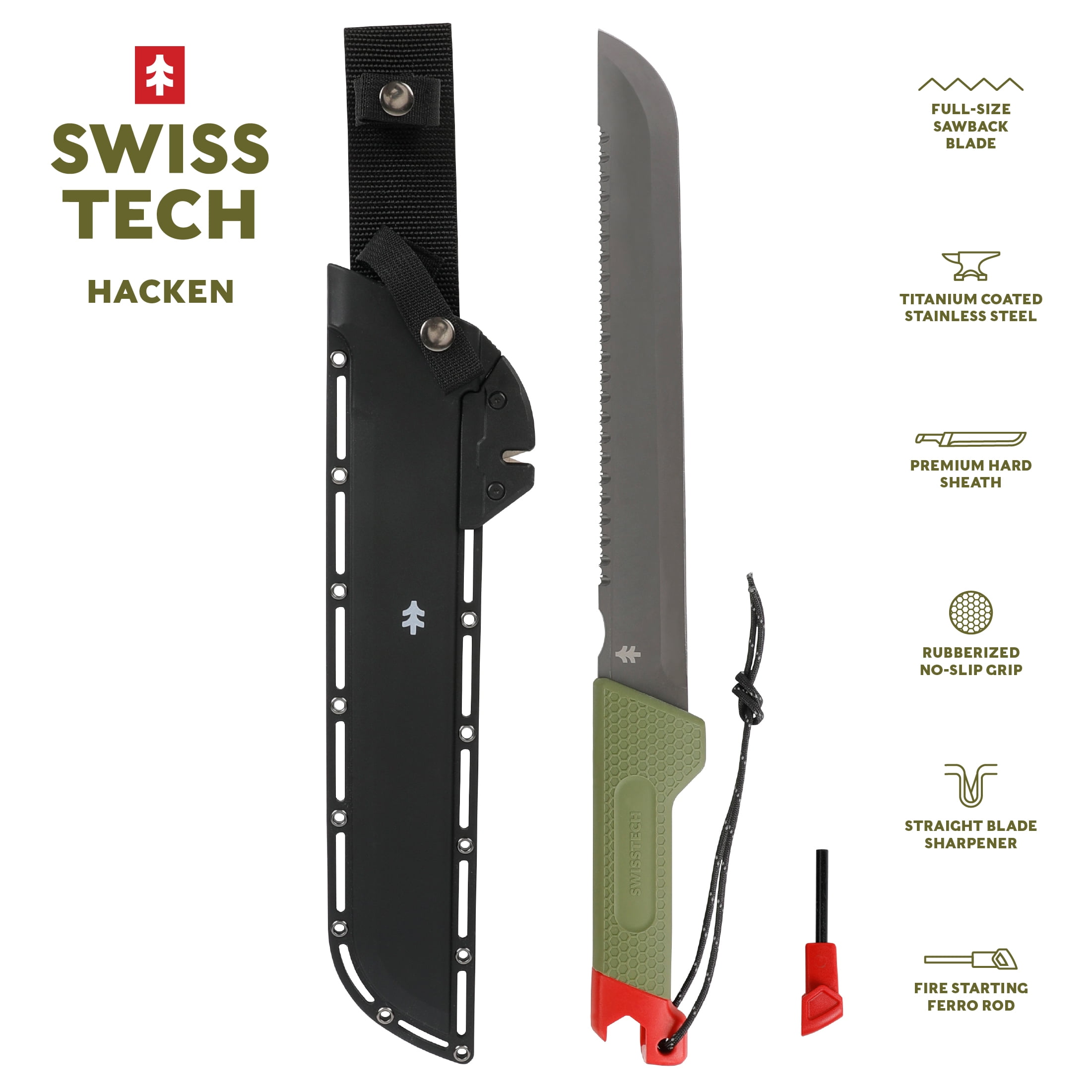 Swiss Tech 18-inch Sawtooth Machete, Titanium-Coated Stainless Steel Blade,  Green 