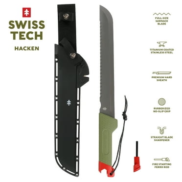 Swiss Tech 18-inch Sawtooth Machete, Titanium-Coated Stainless Steel Blade, Green