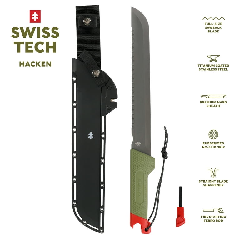 Swiss Tech 18-inch Sawtooth Machete, Titanium-Coated Stainless
