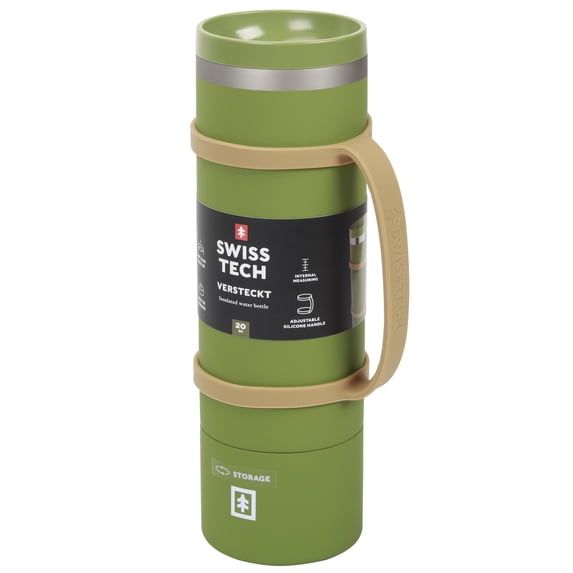 Swiss Tech 20 oz Insulated Stainless Steel Water Bottle with 360 Sip Lid, Hidden Storage, Soft Touch Green
