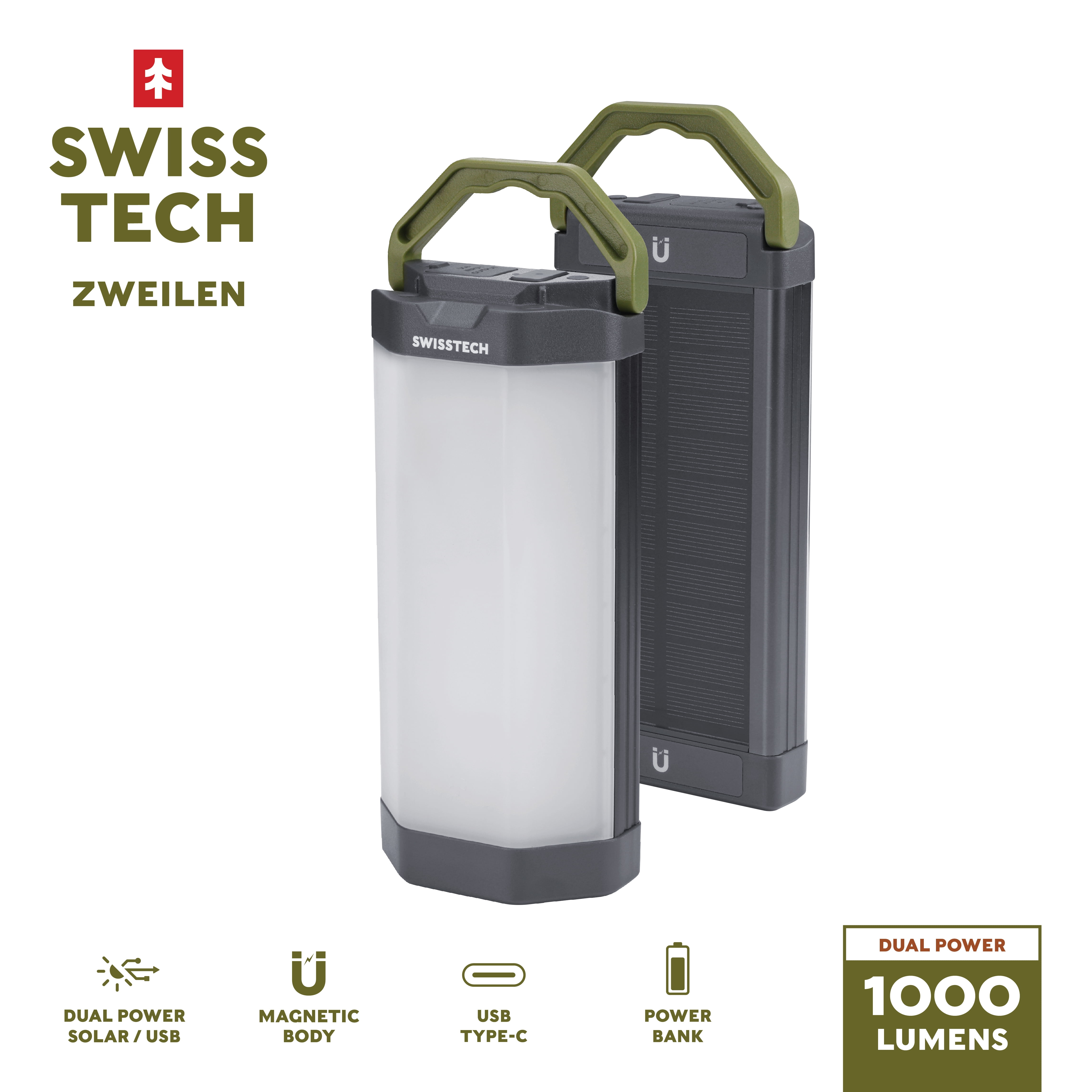 Swiss Tech 2000 Lumen Zweilen 2-Pack Solar Rechargeable Magnetic Lanterns, IP54 Weatherproof, 4 Modes and 72 Hour Battery Life
