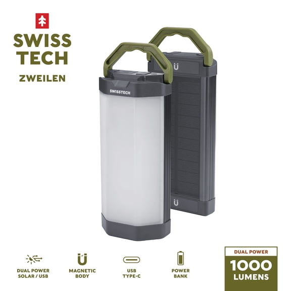 Swiss Tech 2000 Lumen Zweilen 2-Pack Solar Rechargeable Magnetic Lanterns, IP54 Weatherproof, 4 Modes and 72 Hour Battery Life