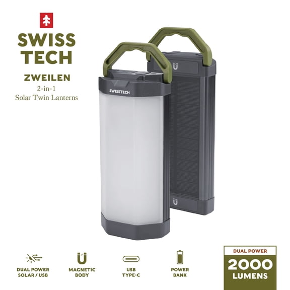 Swiss Tech 2000 Lumen 2-Pack Solar Rechargeable Magnetic Camping Lanterns, IP54 Weatherproof