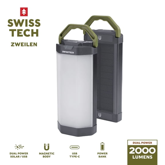 Swiss Tech 2000 Lumen Zweilen 2-Pack Solar Rechargeable Magnetic Lanterns, IP54 Weatherproof, 4 Modes and 72 Hour Battery Life