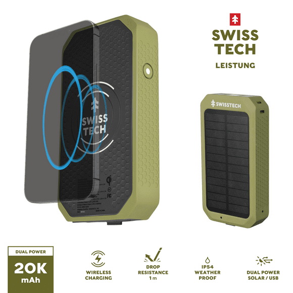 Swiss Tech 20000 mAh Wireless Power Bank with Flashlight and Charging Pad, IP54 Weatherproof