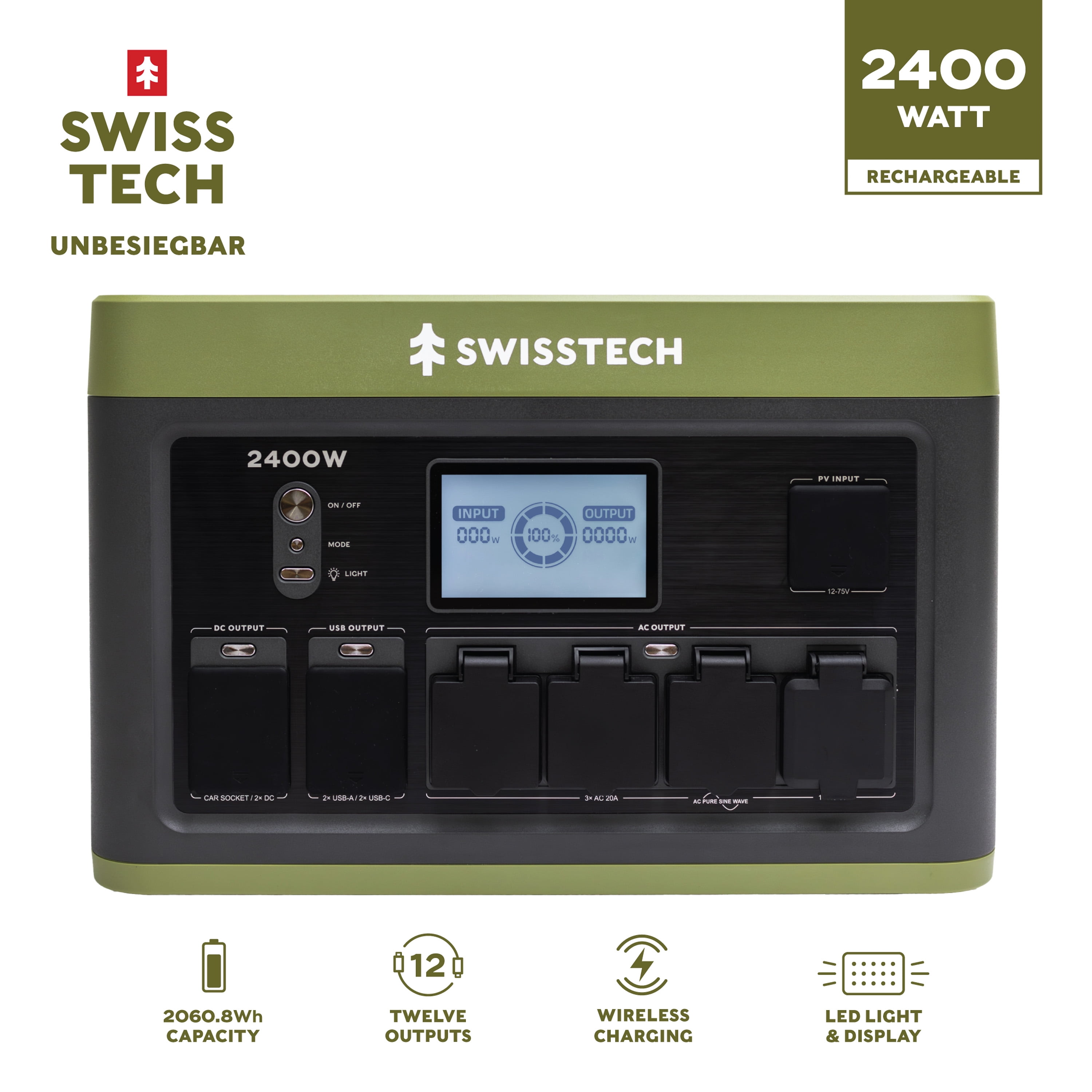 Swiss Tech 2400W Portable Power Station, 2060Wh, Solar Powered Battery for Camping and Travel Emergency