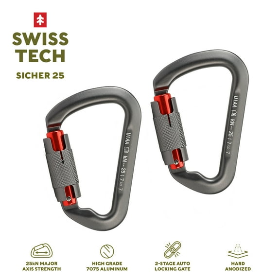 Swiss Tech 25kN Climbing Carabiners, 2 pack, Auto Locking, 7075 Aluminum, Lightweight