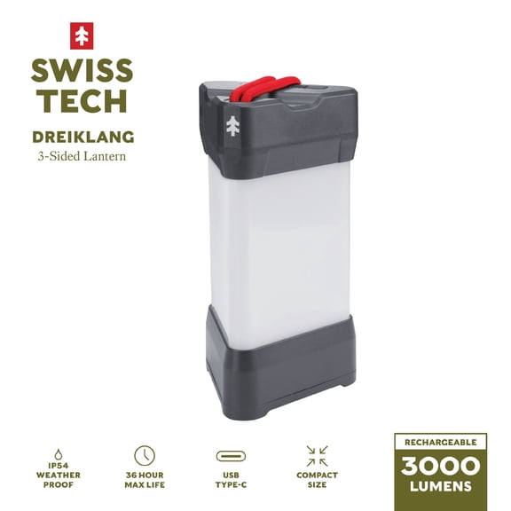 Swiss Tech Dreiklang 3000-Lumen Rechargeable Camping Lantern, IP54 Weatherproof LED Lantern with Bungee Hanging Strap, 10 Light Modes & 36-Hour Runtime