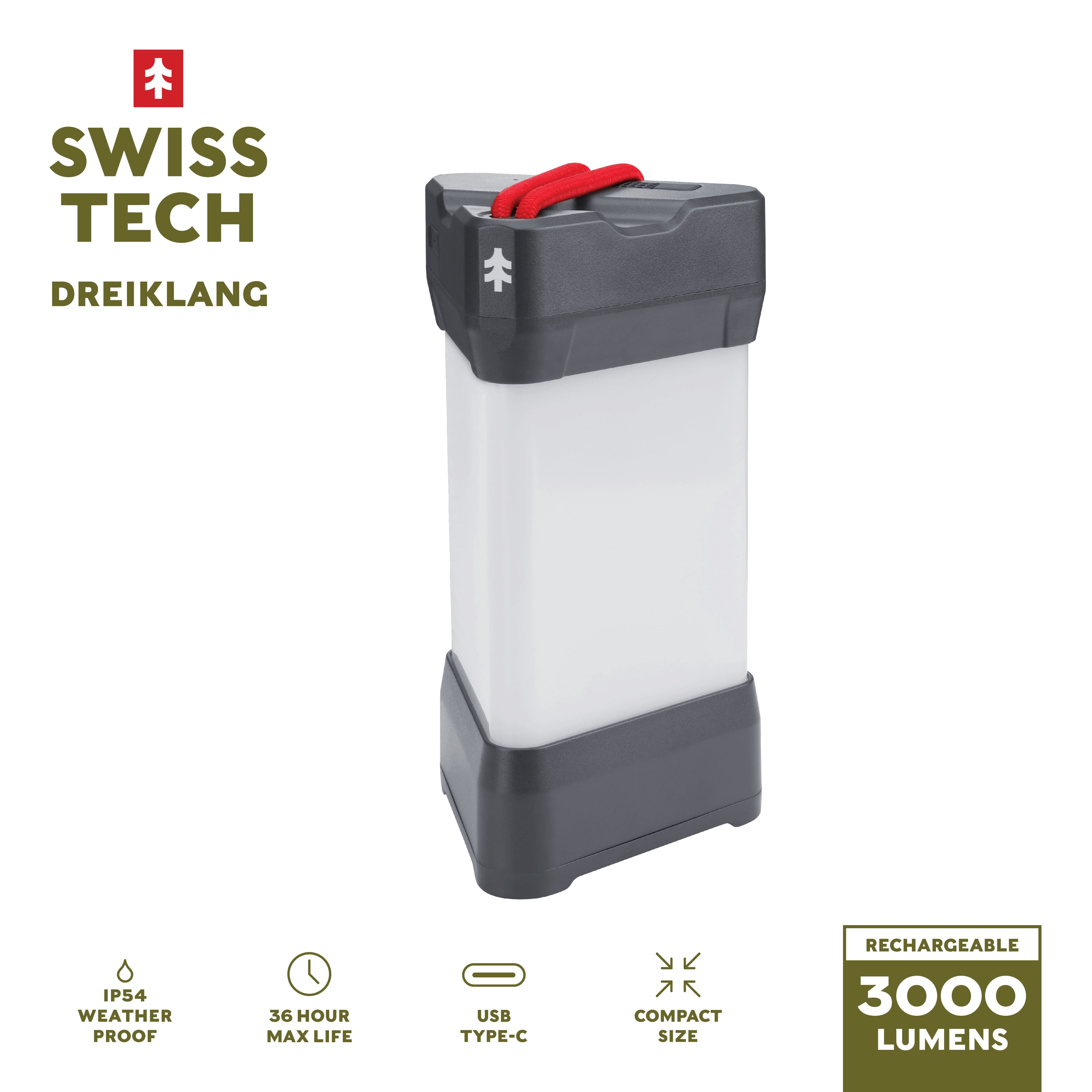 Swiss Tech Dreiklang 3000-Lumen Rechargeable Camping Lantern, IP54 Weatherproof LED Lantern with Bungee Hanging Strap, 10 Light Modes & 36-Hour Runtime
