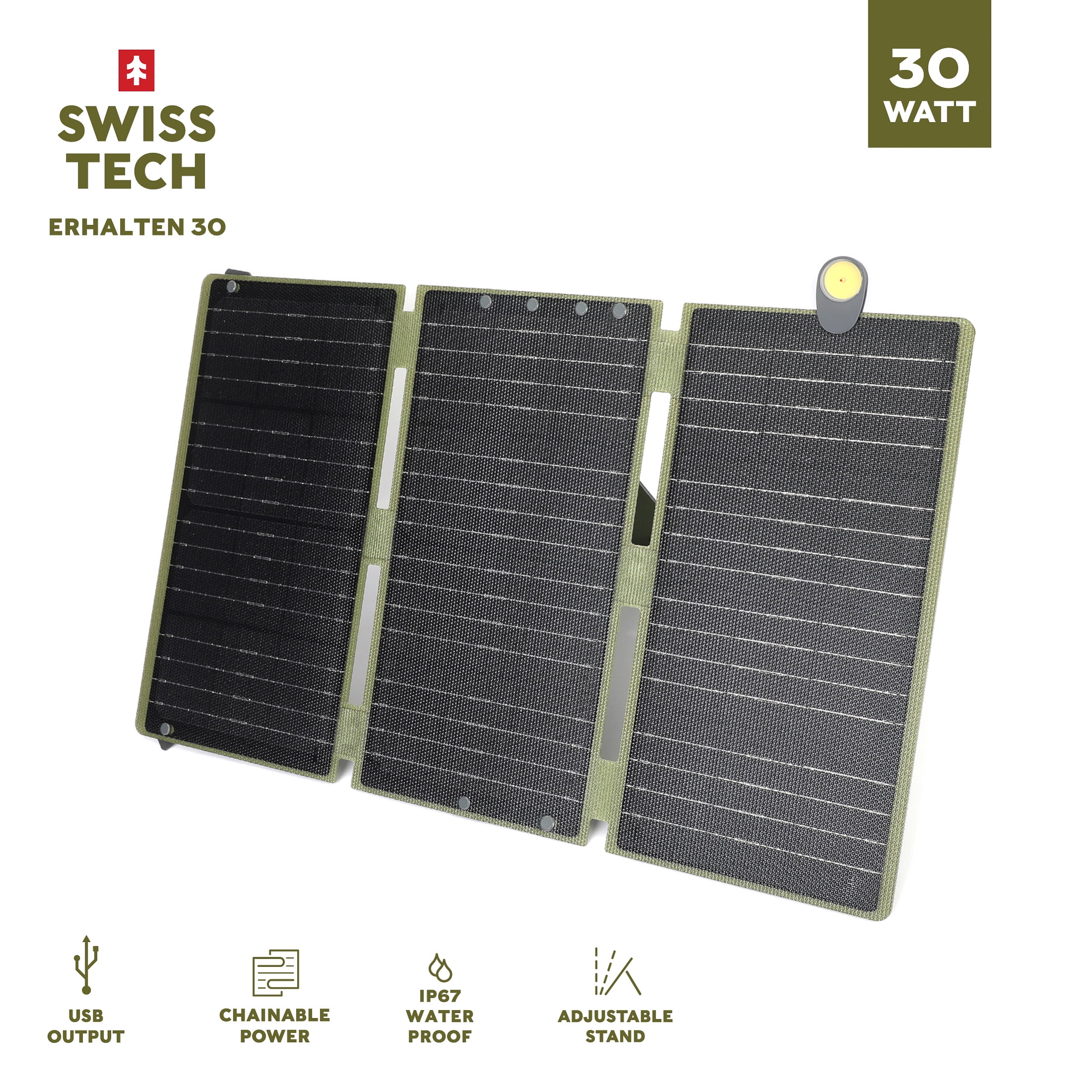Swiss Tech Foldable Solar Panel, 30W, USB-A and USB-C, Phone Charger, Waterproof, Emergency Use, Panel Only