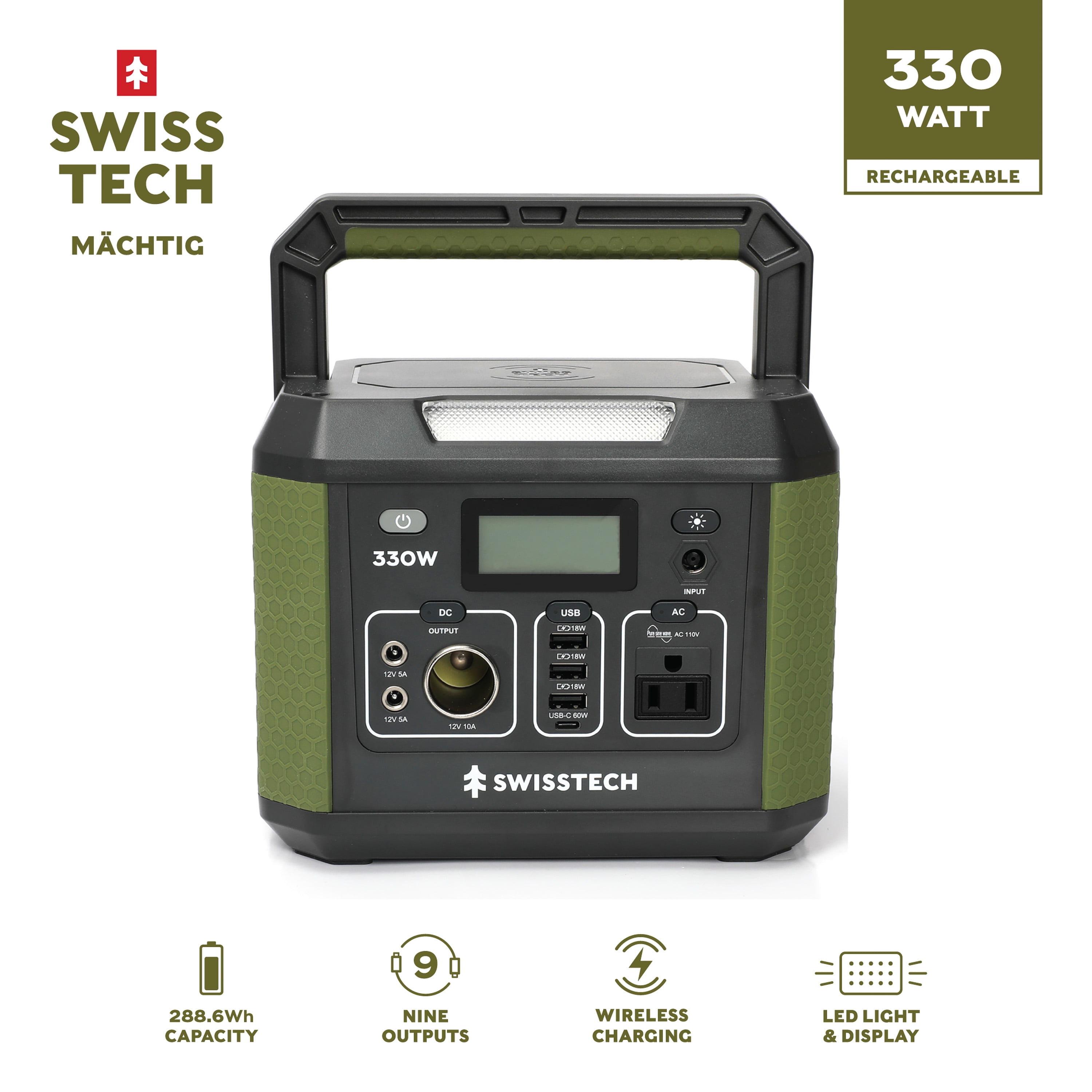 Swiss Tech 330W Portable Power Station, 288.6Wh, Solar Powered Battery for Camping and Travel Emergency