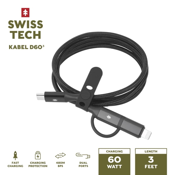 Swiss Tech 3ft 60W Two-in-One USB-C Charging Cable, USB-C to C & Lightning
