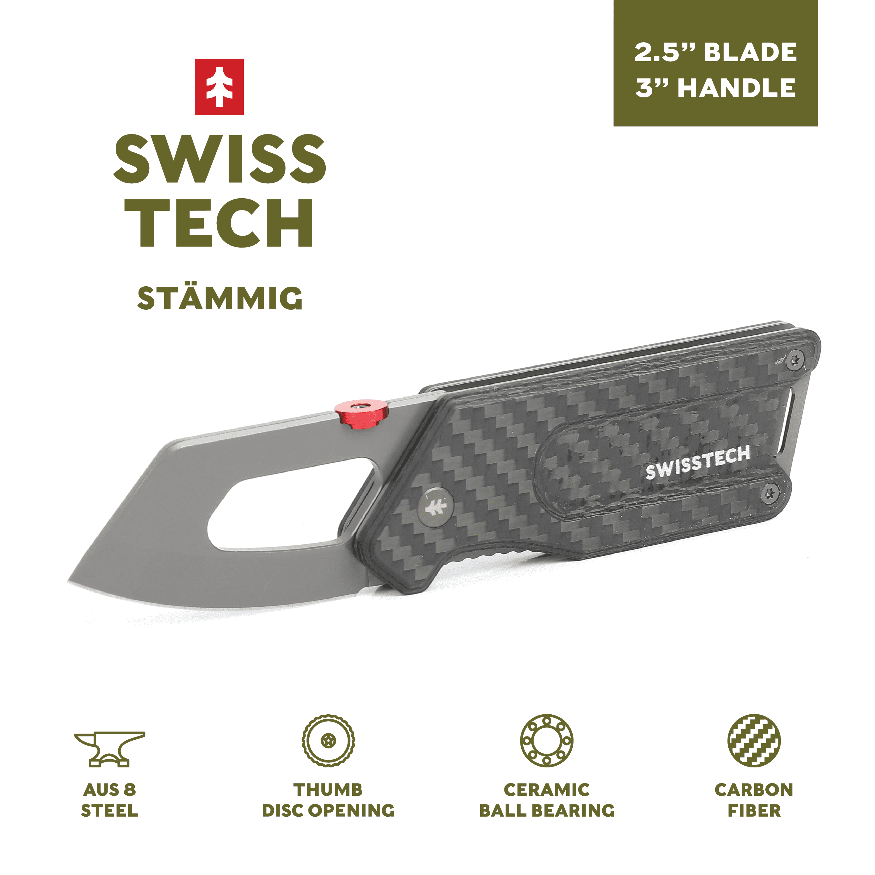 Swiss Tech 5.5 Ball Bearing Assisted Folding Pocket Knife, 2.5 AUS-8  Steel, 3 Carbon Fiber Handle with Money Clip, Multi-Color 