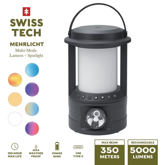 Swiss Tech Mehrlicht Rechargeable Lantern with Spotlight, 5000 Lumens, Weatherproof, IP54, 192 Hour Battery Life