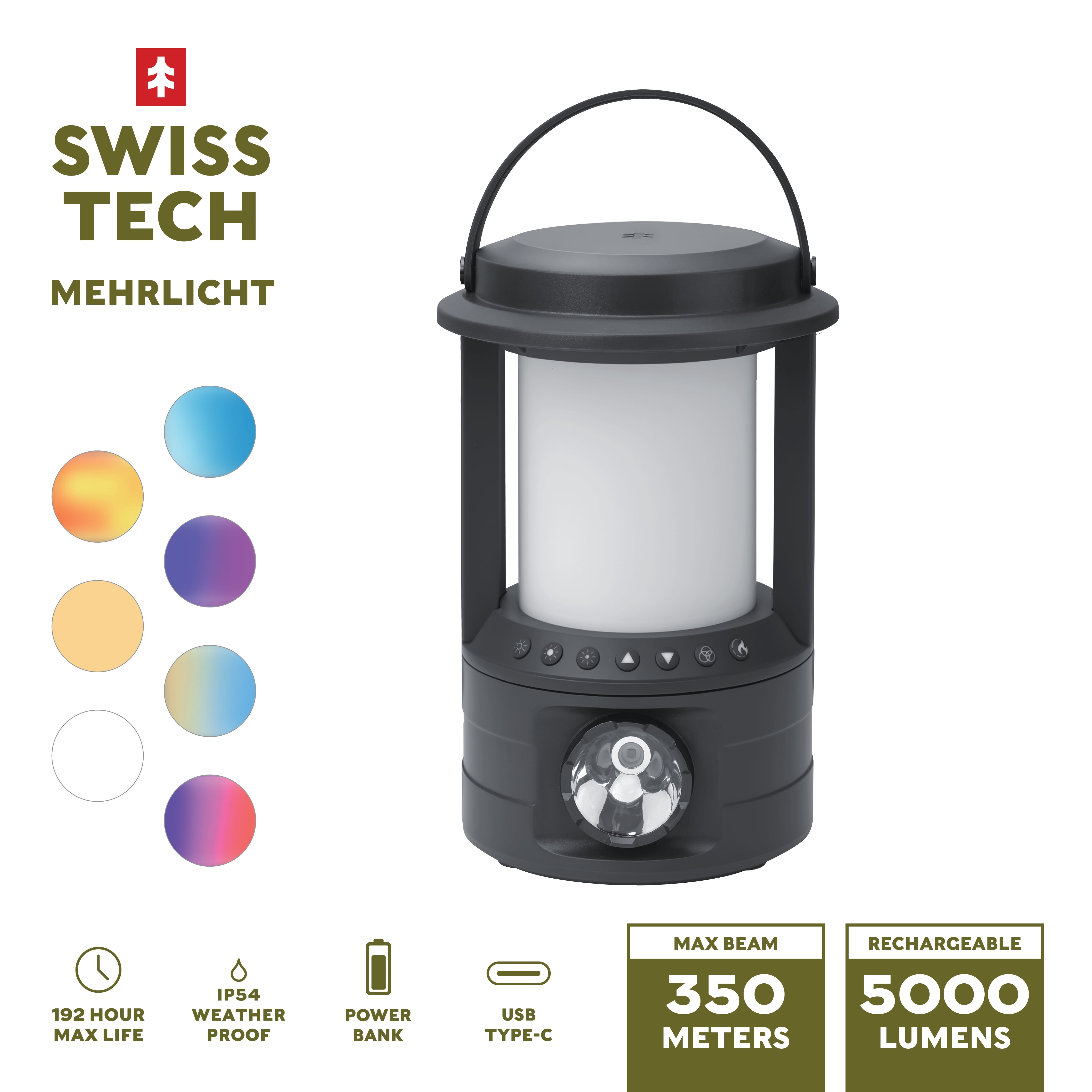 Swiss Tech Mehrlicht Rechargeable Lantern with Spotlight, 5000 Lumens, Weatherproof, IP54, 192 Hour Battery Life